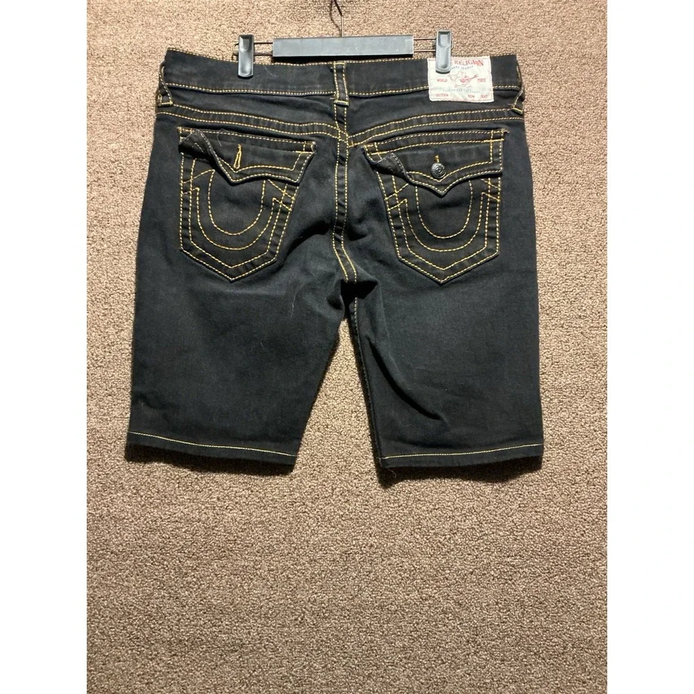 True Religion Ricky Flap Shorts Mens 36 Black Relaxed Fit Stretch Denim Bermuda